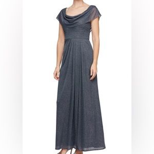 Alex Evenings Petite Crowlneck Glitter Gown in Smoke Grey